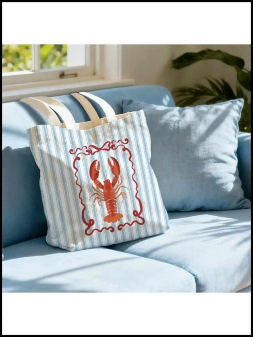 Linen Canvas Tote Bag with Lobster Print, Reusable Shopping Grocery Bag